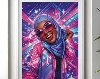 Vibrant Hijabi Pop Art Print, Afro Girl Fashion Poster, Melanin Wall Art (Digital Download)