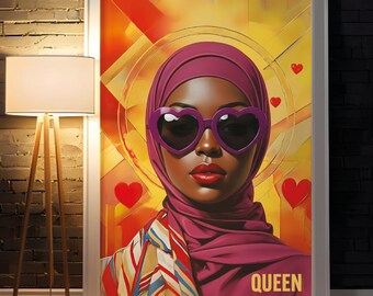 Black Queen Pop Art Print, Hijabi Woman Heart Sunglasses Wall Art (Digital Download)