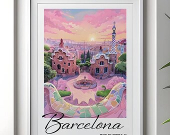 Barcelona Cityscape Print, Vintage Travel Poster (Digital Download)