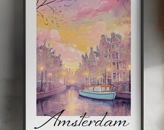 Amsterdam Canal Art Print, Vintage Netherlands Travel Poster (Digital Download)