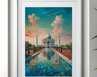 Taj Mahal India Poster, Vibrant Sunset Cityscape (Digital Download)