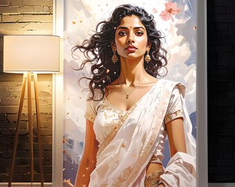 Indian Woman Portrait Printable, Elegant Saree, Modern Desi Wall Art (Digital Download)