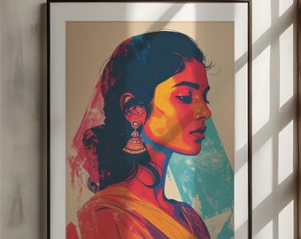 Indian Woman Pop Art Print, Colourful Saree Portrait, Vibrant Cultural Decor (Digital Download)