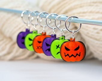 set of six handmade stitch markers : scary jack-o-lanterns