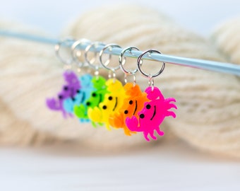 set of six handmade stitch markers : neon rainbow crabs