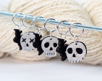 set of six handmade stitch markers : spooky glow in the dark bats and skulls