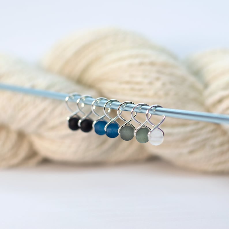 set of 7 small handmade beaded snag-free stitch markers : thunderhead image 1