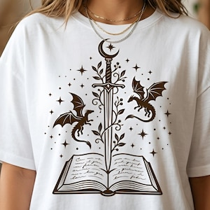 Book Sword Stars and Dragons SVG PNG,Flying Dragon svg,Mystical svg,Celestial svg,Sword svg,Magic Svg,Dragon Tattoo,Cut File SilhouettePrint