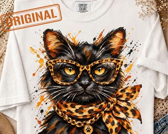 Leopard Print Cat PNG, Glam Black Cat Sublimation Design, Boujee Cat Clipart, Cat Lover Shirt Design, Preppy Animal Print, Digital Download
