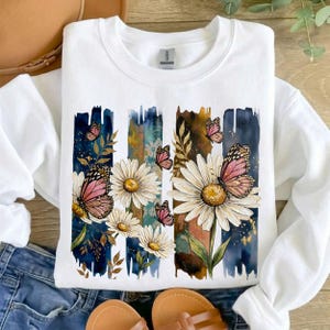 Daisy Flower Butterfly PNG Spring Floral Sublimation Design,Spring Flower Brushstroke Botanical Shirt Summer Flower Nature Design for Cricut