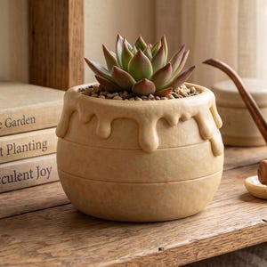 Puede incluir: Una maceta de cerámica beige con un diseño de goteo similar a la miel, llena de una planta suculenta y pequeños guijarros. La maceta está sobre una superficie de madera, cerca de libros y una regadera de cobre. Un cucharón de miel de madera descansa sobre un plato pequeño.