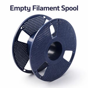 May include: Two navy blue empty filament spools. The spools have a perforated design and are made of plastic. The text "Empty Filament Spool" is displayed in the upper left corner.