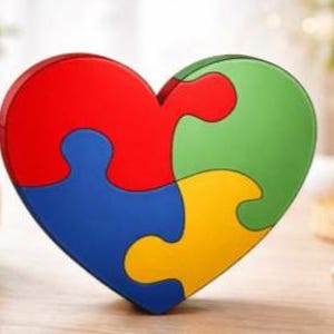 Op de afbeelding: Een hartvormige puzzel met vier stukken in rood, blauw, groen en geel. De puzzel ligt op een houten oppervlak, met een kleine vetplant en een kaars op de achtergrond.