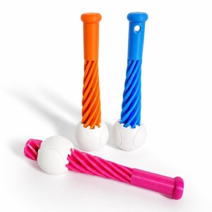 May include: Three cleaning brushes in bright colours. One is pink, one is orange, and one is blue. Each brush has a white ball-shaped base and a twisted, ridged handle. The brushes are designed for cleaning and are shown against a white background.