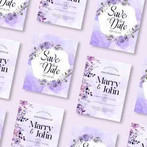 Modelo Canva editável para casamento floral roxo - Modelo de cartão RSVP - Cartão de casamento indiano - Modelo de convites editáveis - Download instantâneo