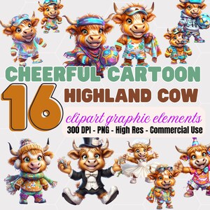 16 joyeux dessin animé vache Highland Clipart Set | Bovins écossais fantaisistes PNG | Décoration de chambre d'enfant, autocollants et travaux manuels | 300 ppp en téléchargement numérique