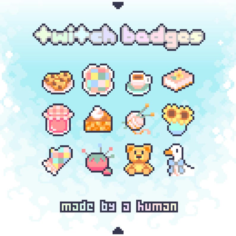 Op de afbeelding: Een verzameling van twaalf pixel art iconen met het label twitch badges en made by a human. De iconen bevatten een bord met koekjes, een quilt, een theekopje, een boek, een pot jam, een stuk taart, garen met naalden, zonnebloemen, een want, een speldenkussen, een beer en een gans.