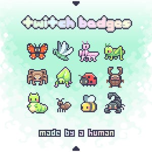 May include: A collection of twelve pixel art insect icons labeled twitch badges at the top and made by a human at the bottom. The set includes a butterfly, moth, mantis, grasshopper, spider, beetle, ladybug, stag beetle, caterpillar, ant, bee, and scorpion.