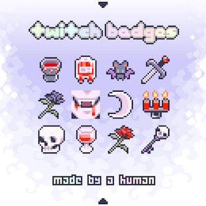 Può includere: Una collezione di dodici badge Twitch in pixel art a tema gotico, tra cui un calderone, una sacca di sangue, un pipistrello, una spada, una rosa viola, una bocca da vampiro, una mezzaluna, un candelabro, un teschio, un calice di vino, una rosa rossa e una chiave con teschio, con il testo twitch badges.