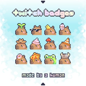 Puede incluir: Una colección de doce iconos de capibara en pixel art dispuestos en una cuadrícula, cada uno con un accesorio diferente como un brote, gafas de sol, un donut o un casco vikingo. El texto "twitch badges" aparece arriba y "made by a human" abajo.