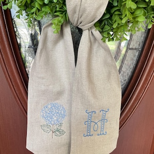 Beautiful, Personalized Embroidered Hydrangea and Initial Wreath Sash