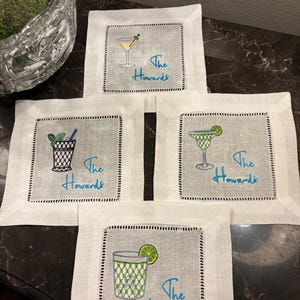 4 Personalized Linen Cocktail Napkins With Various Cocktails