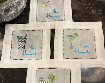 4 Personalized Linen Cocktail Napkins With Various Cocktails