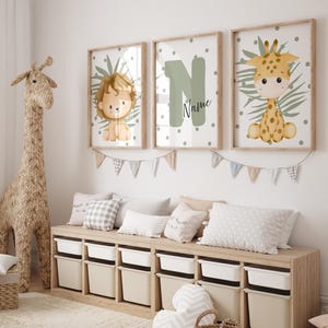 Art mural animal mignon, impressions pour chambre d'enfant, jardin d'enfants, affiche pour la maternelle, lot de 3 impressions d'art mural animal personnalisées,
