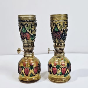 Amber Glass Painted Miniature Oil Lamps Set 5.5&quot; Made in Hong Kong