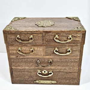 Vintage Wood Japanese Tansu Chest 4 Drawer Jewelry Box Ornate Brass Details and Pulls