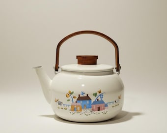 Vintage *RARE* Heartland Enamel Tea Kettle Teapot Cottage Farm Scene