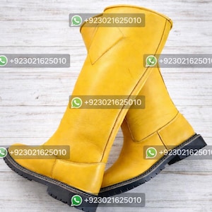 Men’s Yellow Leather Engineer Boot, Handmade Knee High Biker Boots, Slip On Motorcycle Riding Boots