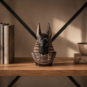 May include: A black and gold Anubis bust statue on a wooden shelf, with a stack of books to the left and a stone bowl to the right. The statue has detailed features and is a decorative item.