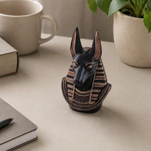 May include: A black and gold Anubis statue, a bust of the Egyptian god, stands on a light-colored surface. The statue has detailed features, including upright ears and a patterned headdress. A mug, book, notebook, pen, and potted plant are also visible.