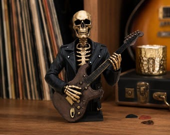 Skeleton Guitarist Bust, Rock Music Decor, Guitar Player Gift, Gothic Music Room Statue