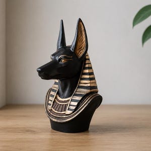 May include: A black and gold Anubis bust statue. The statue features a black head and ears with gold accents on the eyes and ears. The bust has a black base with gold and brown details.