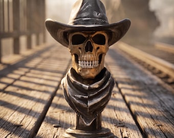 Phantom Outlaw Skeleton Cowboy Bust, Western Gothic Shelf Decor, Macabre Gift