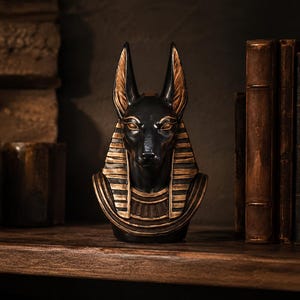 May include: A black and gold Anubis bust statue with detailed features, including upright ears and a regal collar. The statue is displayed on a wooden shelf with antique books and decorative items, creating a historical ambiance.