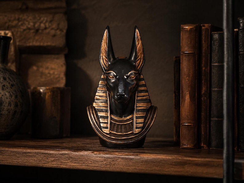 May include: A black and gold Anubis bust statue with detailed features, including upright ears and a regal collar. The statue is displayed on a wooden shelf with antique books and decorative items, creating a historical ambiance.
