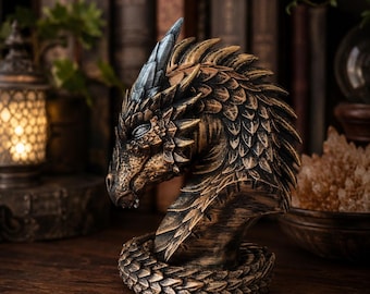 Dragon Bust Statue for Fantasy Shelf, Gamer Desk Accent and Boyfriend Gift