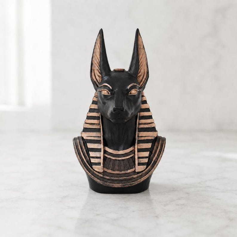 May include: A black and bronze-colored bust of the Egyptian deity Anubis, featuring a jackal head with pointed ears, almond-shaped eyes, and a traditional striped nemes headdress. The sculpture displays a smooth finish with metallic accents.