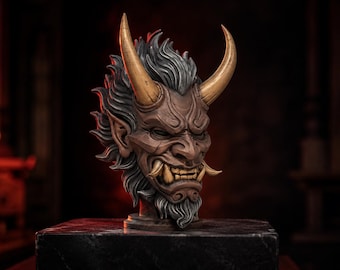 Oni Demon Bust, Samurai Yokai Figure for Japanese Folklore Shelf