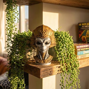 May include: A decorative alien bust with a gold headdress and a gray face, displayed on a wooden shelf. The bust is next to a potted plant and a stack of books. The shelf is part of a built-in shelving unit.