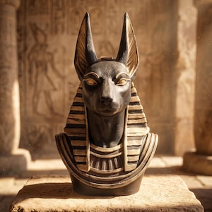 May include: A black and gold bust of the Egyptian deity Anubis, featuring a jackal head with tall, pointed ears and a traditional striped nemes headdress. The sculpture displays detailed facial features, including almond-shaped eyes and a textured finish.