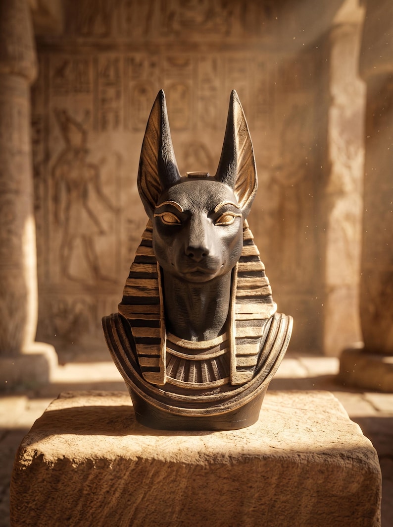 May include: A black and gold bust of the Egyptian deity Anubis, featuring a jackal head with tall, pointed ears and a traditional striped nemes headdress. The sculpture displays detailed facial features, including almond-shaped eyes and a textured finish.
