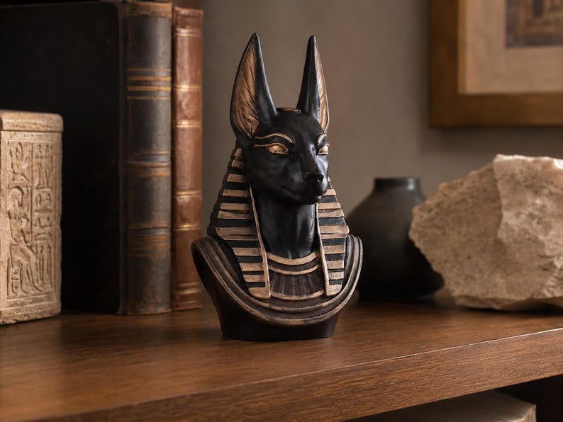 May include: A black Anubis bust with gold accents, featuring upright ears and a detailed headdress. The statue is displayed on a wooden surface, evoking ancient Egyptian art and decor.