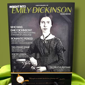 May include: A sourcebook titled "Insight Into Emily Dickinson" featuring a portrait of the poet. The cover includes text about her life, the Romantic period, and poetry lessons. The book is displayed on a black stand with the words "Timeless Classics Modern Style."