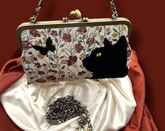 Floral Black Cat Kisslock Purse | Vintage Embroidered Cat Bag With