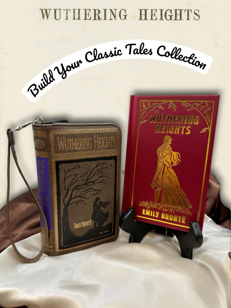 Wuthering Heights book wallet displayed with matching ornate classic edition book on ivory satin, creating a romantic and moody literary pairing from the Classic Tales collection