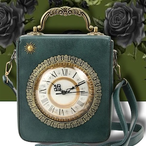 May include: A dark green structured handbag featuring a prominent circular clock face on the front with black Roman numerals and ornate gold-tone hands. The bag includes a decorative gold-tone handle, a small sun emblem, and an adjustable shoulder strap.